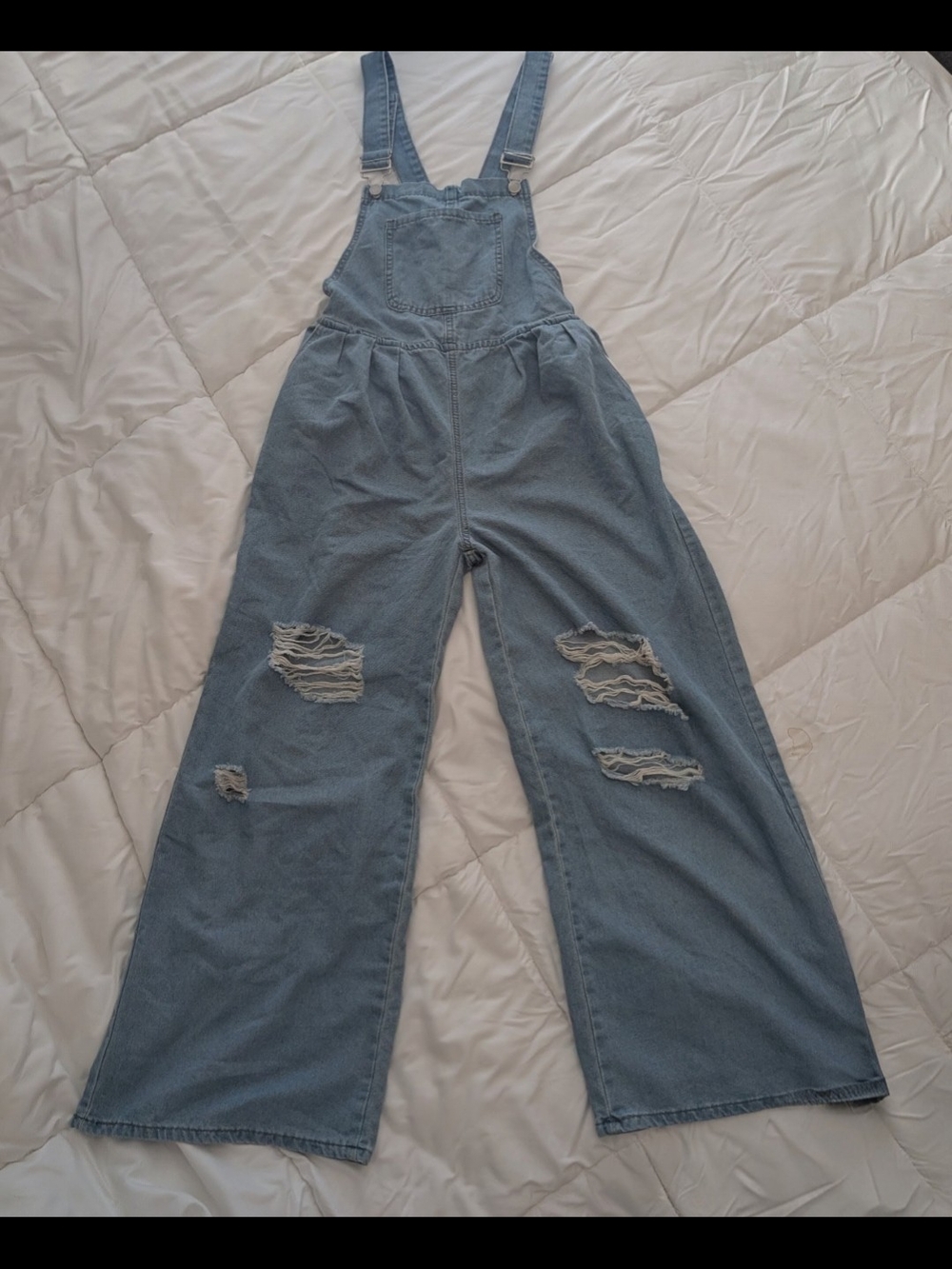 SHEIN Light Blue Ripped Denim Wide-Leg Overalls